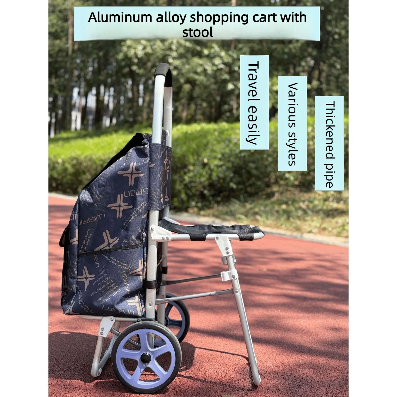 Chariot de courses portable en alliage d'aluminium avec siège, chariot pliable avec tabouret pour les courses quotidiennes des personnes âgées