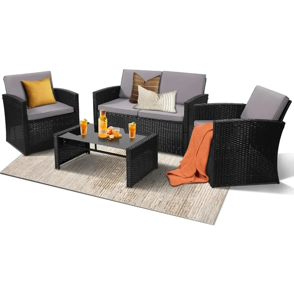 4Pieces Patio Conversation Set,Outside Rattan Sectional Sofa,Cushioned Set,Sofa Ideal  Black Color Rattan and Light Grey Cushion