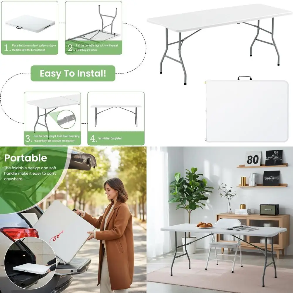 

6FT Portable Heavy-Duty Plastic Folding Table with Carry Handle for Parties, Weddings, and Outdoor Events (White)