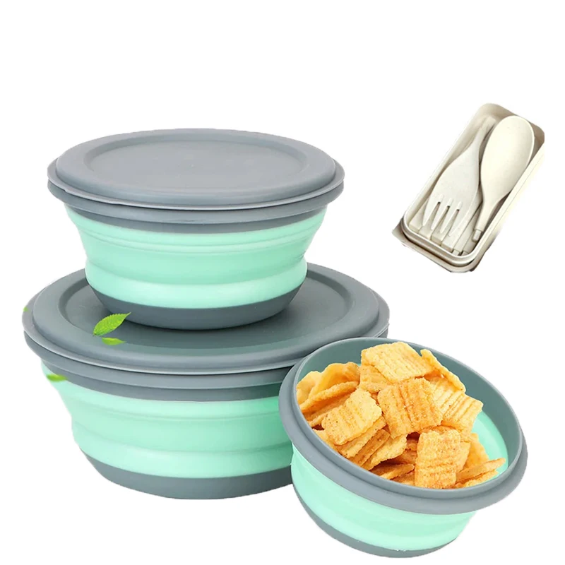 

3 шт./компл. складные миски пищевой полипропилен материал с крышкой складной ланч-бокс портативные наборы мисок для салата плюс складные столовые приборы из 3 шт.