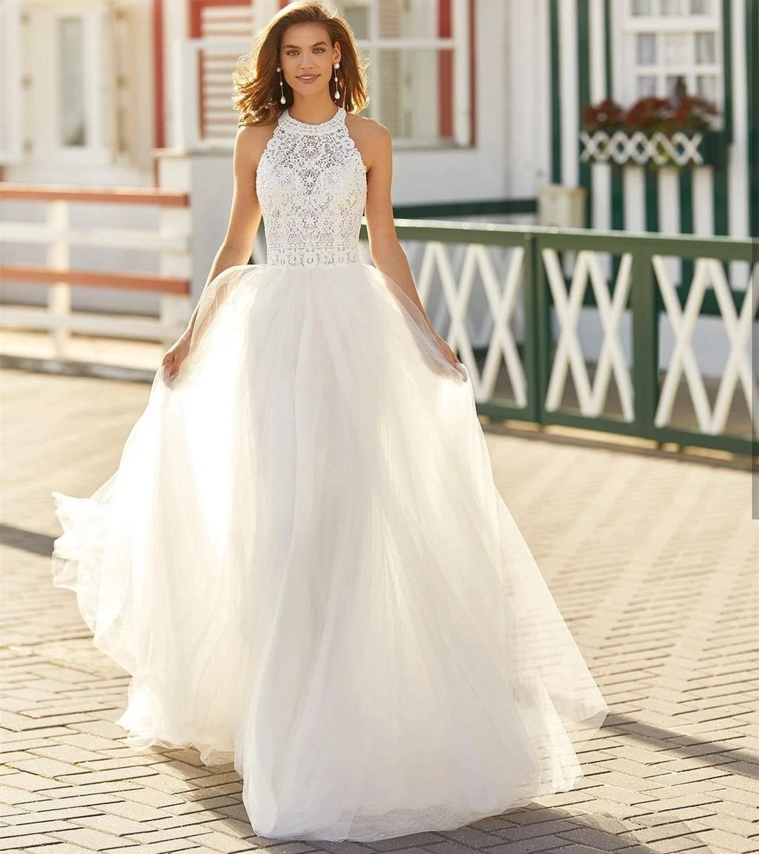 Precioso vestido de novia de cuello alto para mujer, Apliques de encaje sin mangas, línea A, vestidos de novia de princesa, fiesta Formal en la playa, tul 2023