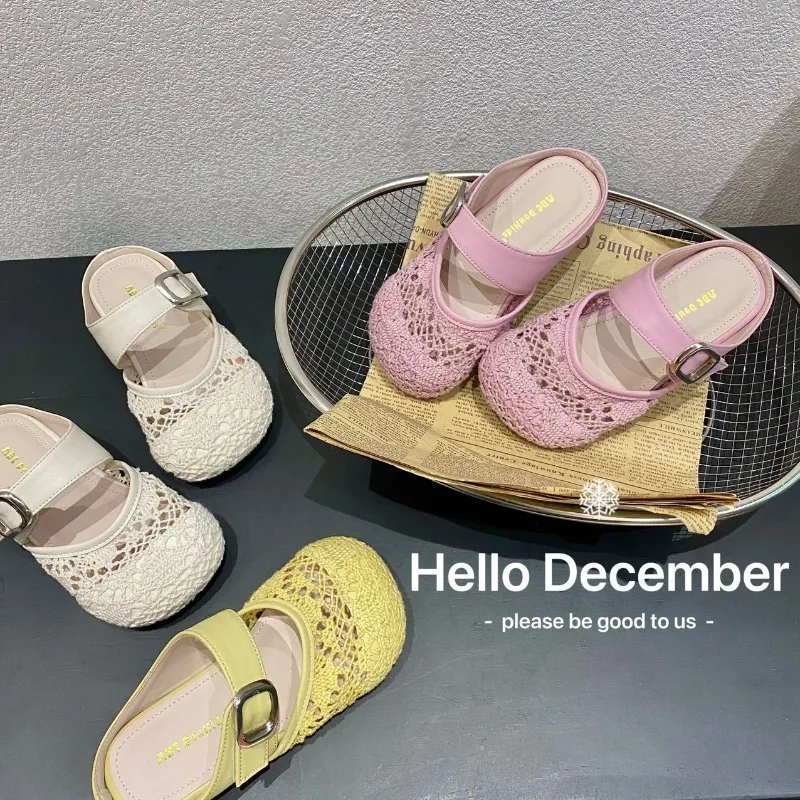 Girls Princess Sandals Summer2026new Light Luxury Woven Mesh Breatha Child Soft Soled Shoe Fashionable Girl Sweet Style Sandals