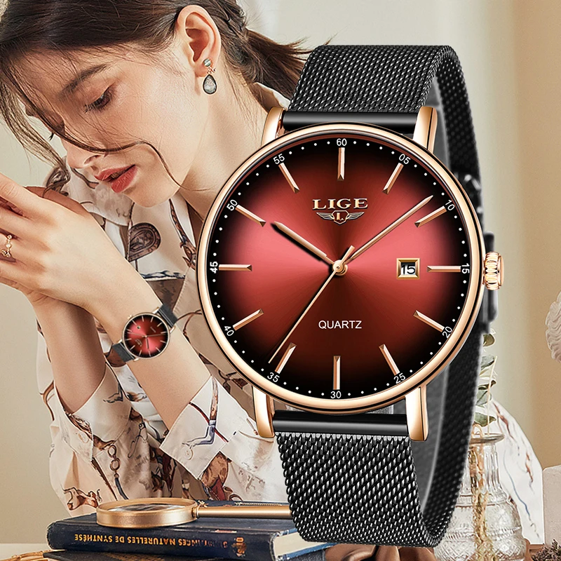 LIGE Fashion Elegant Quartz Watch Business Luxury Ultra Thin Mesh Strap Bracelet Watch for Women Waterproof Top Brand Wristwatch