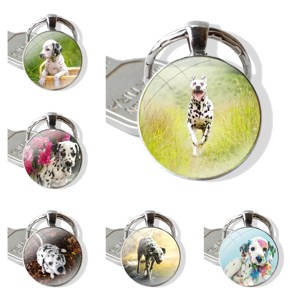 dalmatian puppy Dog Keychain Handmade Glass Cabochon Key Ring Holder Pendant Key Chains