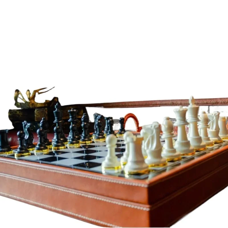 Chess, high-end leather box, painted chessboard, metal base chess pieces
