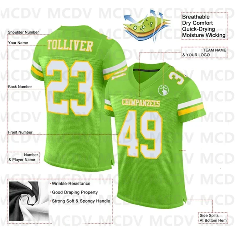 Custom Neon Green White-Yellow Mesh Authentic Football Jersey  Short Sleeves Athletic Tee Shirts Unisex Top streetwear