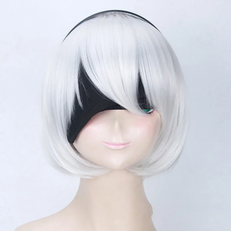 Cosplay Wig Mechanical Era 2B Neil Silvery White Short Human Hair Button Mesh Woman Hairpiece Daily Wear Festival Party Full Wig