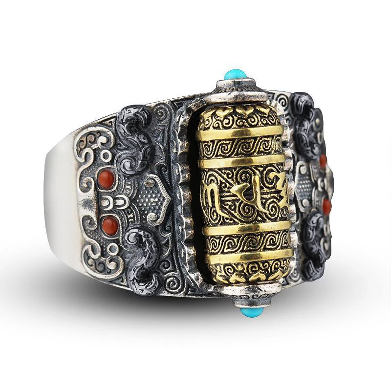 HX Silver Color Lucky Charm Ring Men Trendy Personality Vintage Unmarried Ring Rotatable Luck Party Collocation Send Jewelry