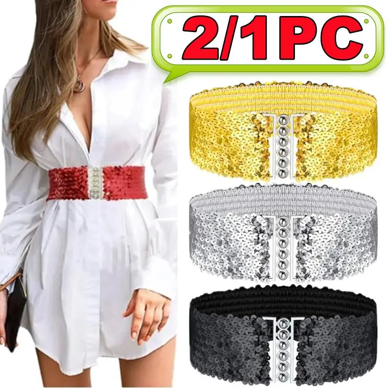 

1/2PC Gold Silver Belt Cool Punk Sparkling Sequins Elastic Stretch Wide Waistband Women Dress Waist Belt Jewelry Accessories