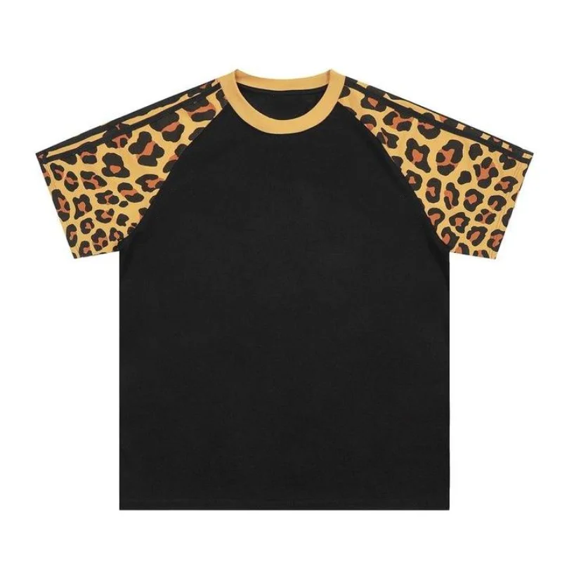 

Japanese Y2K Harajuku style trendy couple tops American retro leopard print patchwork subculture printed women's T-shirt summer