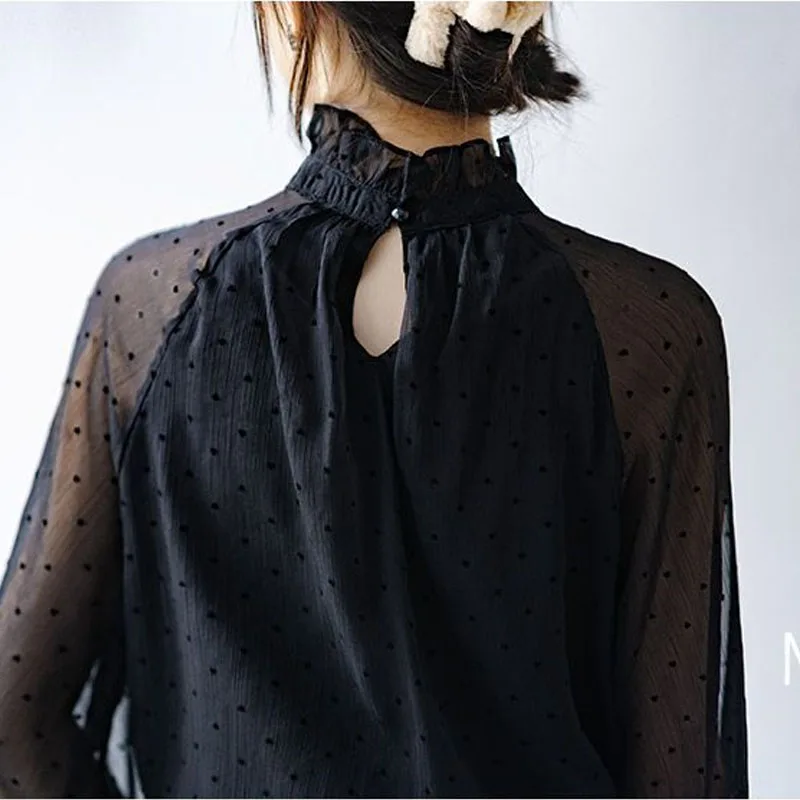 2023 New Spring Fashion Solid Standing Collar Polka Dot Ear Collar Lantern Sleeve Temperament Commuter Women\'s Unique Shirt