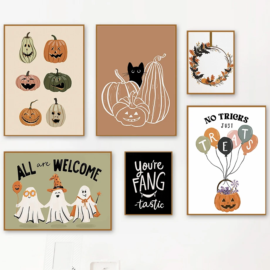 Подарки на Хэллоуин, голова тыквы, черная летучая мышь, кофейная чашка, форма тыквы, воздушный шар, модная настенная живопись на холсте, скандинавский декор плаката