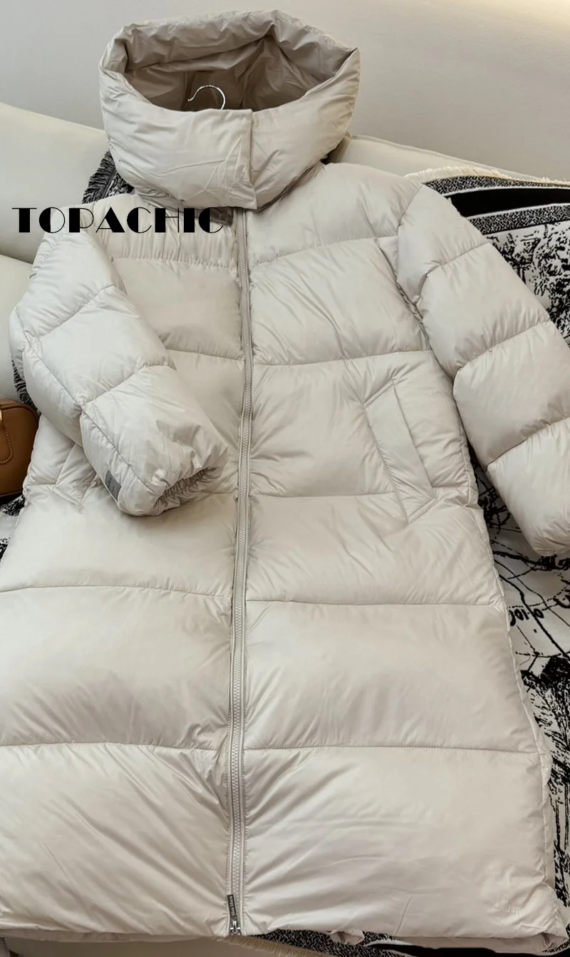 9.5 TOPACHIC-Women Fashion Long Keep Warm Thick Goose Down Outerwear Autumn Winter New Hooded Double Zipper Straight Down Jacket