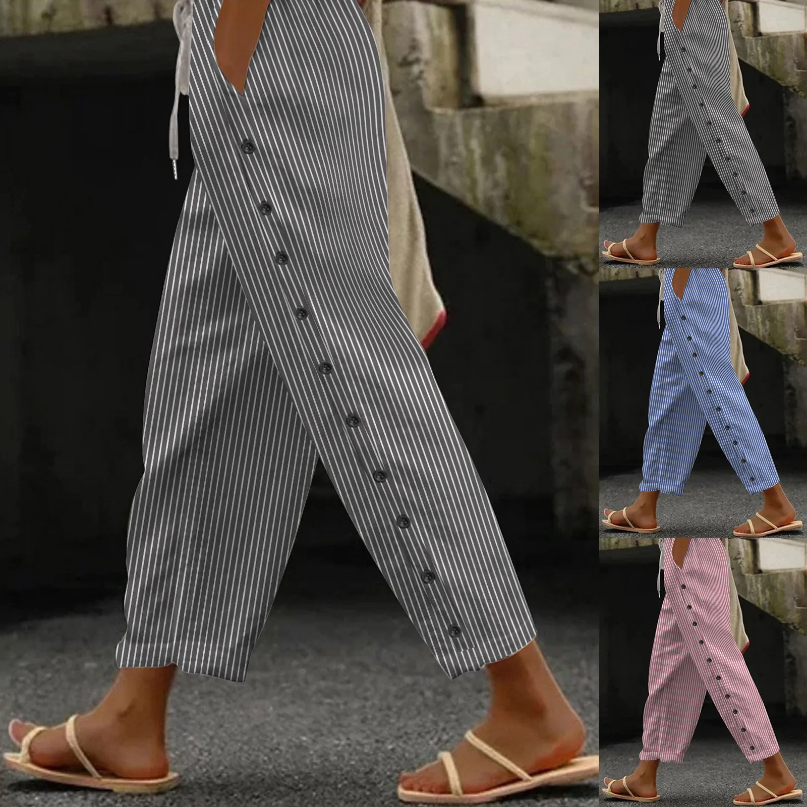 Summer Casual Comfortable Pants Women Striped Loose Fit Pants with Side Buttons Pockets Mid-rise Elastic Drawstring Cropped Pant