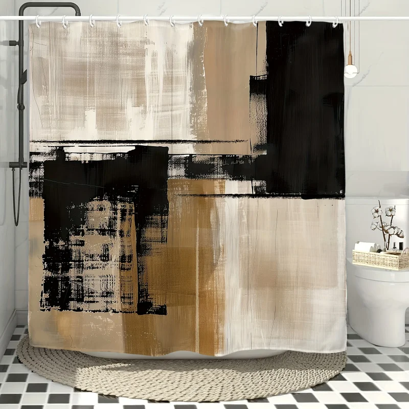 Modern Abstract Art Shower Curtain - Waterproof Polyester, Black & Tan with Brushstroke Design, Includes Hooks, 180.34x180.34 cm