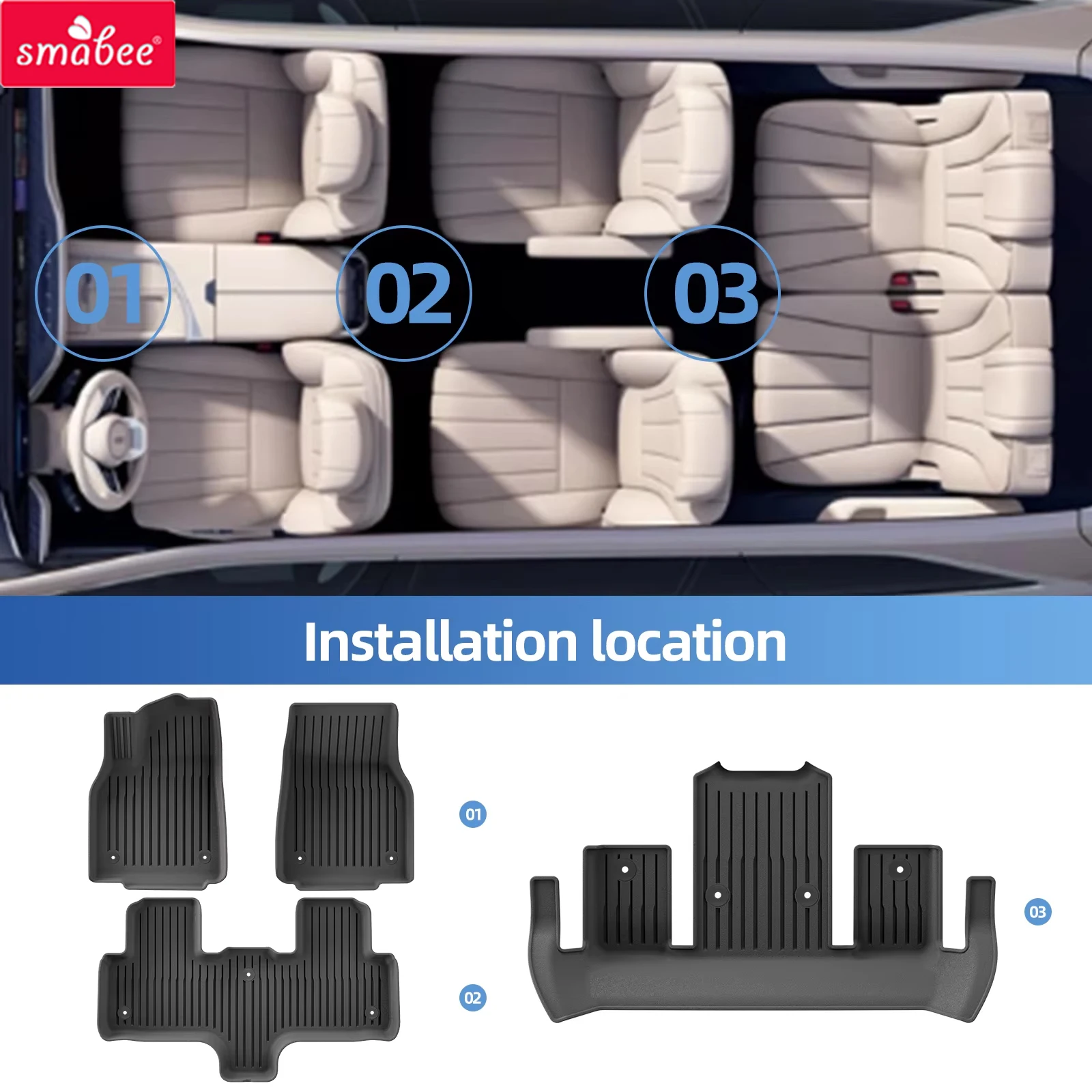 Tapis de sol et doublure de coffre Smabee pour Tesla Model YL 6 places 2025 2026, en TPE 3D, imperméables, accessoires noirs