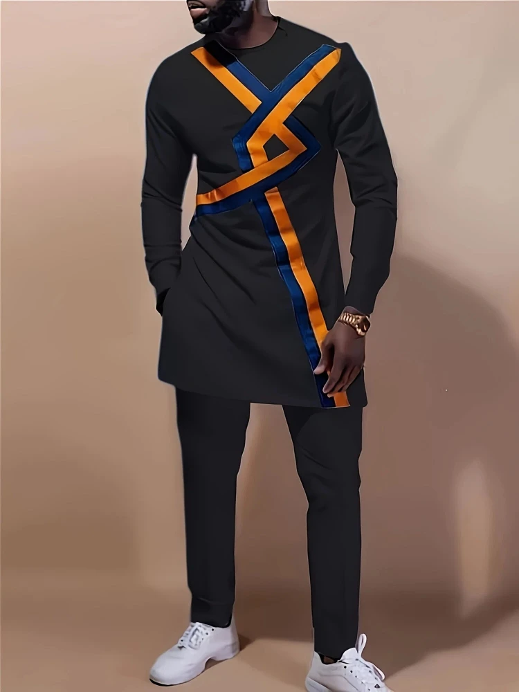 طقم مكون من قطعتين كاجوال بأكمام طويلة للرجال: بلوزة وبنطلون متوسط الطول