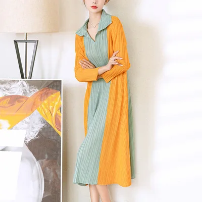 HOT SELLING Miyake fold  dress of patchwork  turndown collar long sleeve A-Line dress IN STOCK