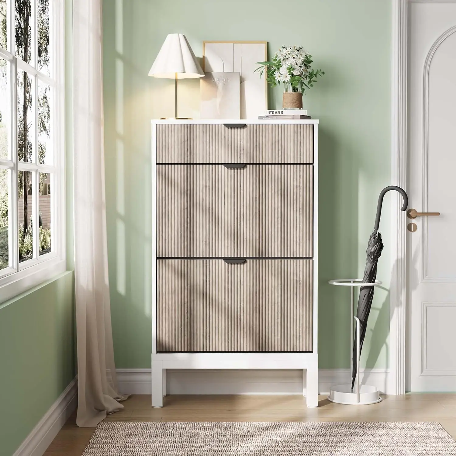 

Shoe Storage Cabinet with 2 Flip Drawers And A Drawer, Entryway Cabinet with Adjustable Shelves, Can Accommodate 12 to 20