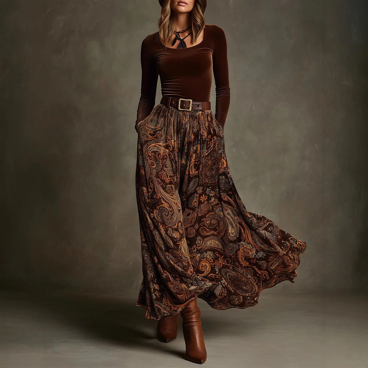 

Autumn Winter Women's O Neck Pullover Top And Maxi Skirt Two-Piece Set Long Sleeve Chic Holiday Fashion Outfit Ladies Suits 2026