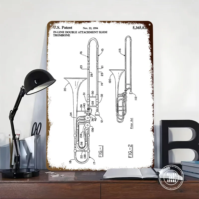 Trombone Patent Tinplate Poster Customized Wall Art Vintage Metal Signs Retro Plates for Interior Accessories Wand Deko Tin Sign