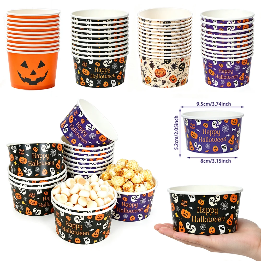 10/30/50Pcs Halloween Paper Bowl Pumpkin Ghost Black Orange Disposable Food Snack Cups Dessert Bowl Halloween Party Supplies