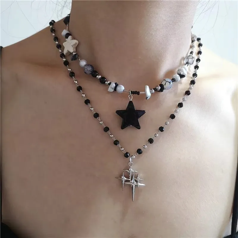 Kpop Vintage Star Cross Pendant Beaded Chain Necklace For Women Men Aesthetic Grunge Goth Cool Y2K EMO Charm Jewely Accessory