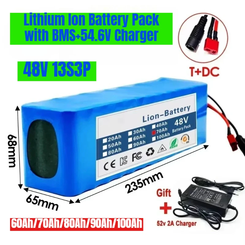 

2025 New 48V 100Ah 2000W 13S3P Lithium Ion Battery Pack with BMS+54.6V Charger