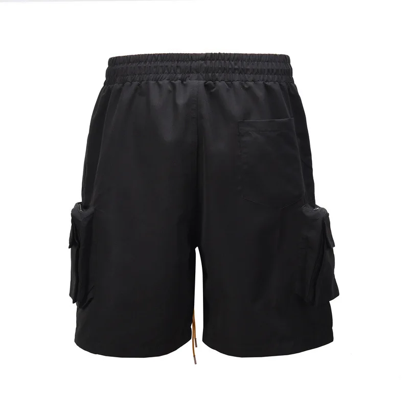 European and American High-Street Functional Multi-Pocket Shorts for Men 2026 Summer Drawstring Elastic Waist Black Shorts