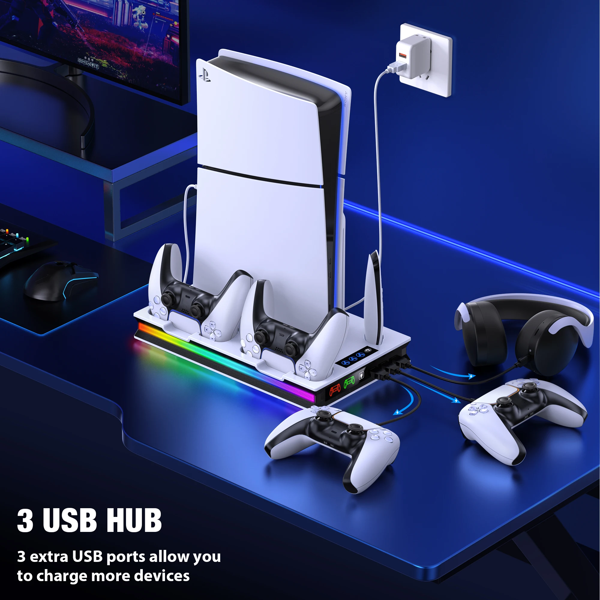 DinoFire S5001 Controller Charging Dock FOR PlayStation 5 Digital/Disc  Cooling Stand With 4 Micro Grip Charging Adapter