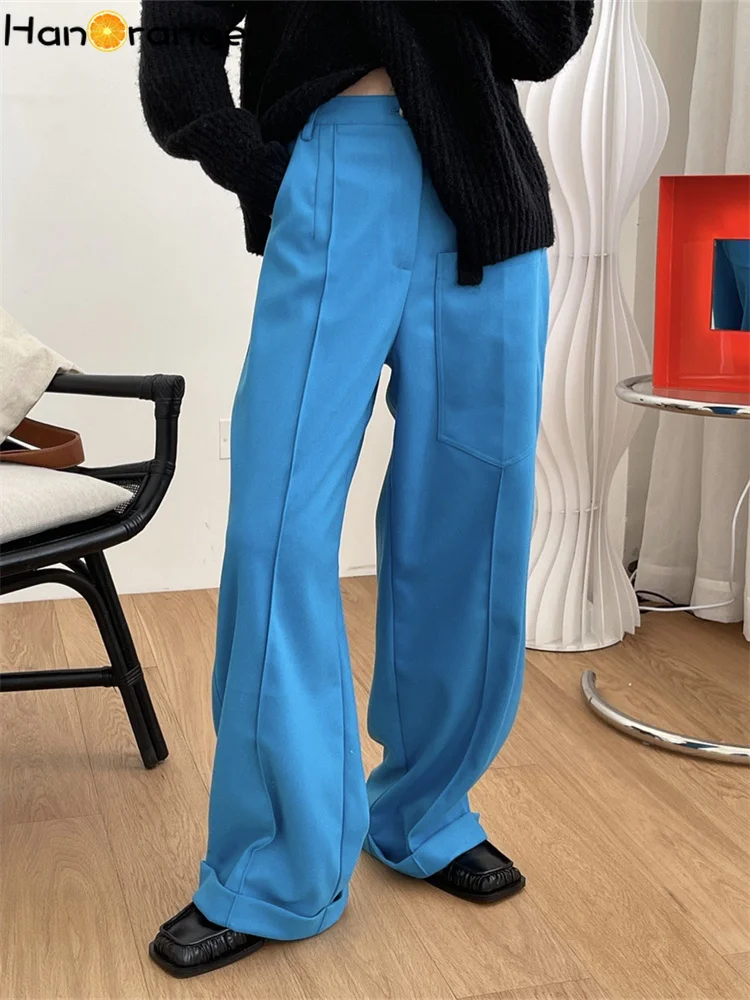 

HanOrange 2025 Winter Niche Vintage Fashion Loose Straight Stitched Curly Pants Women Thickened Trousers Female Black/Sky Blue
