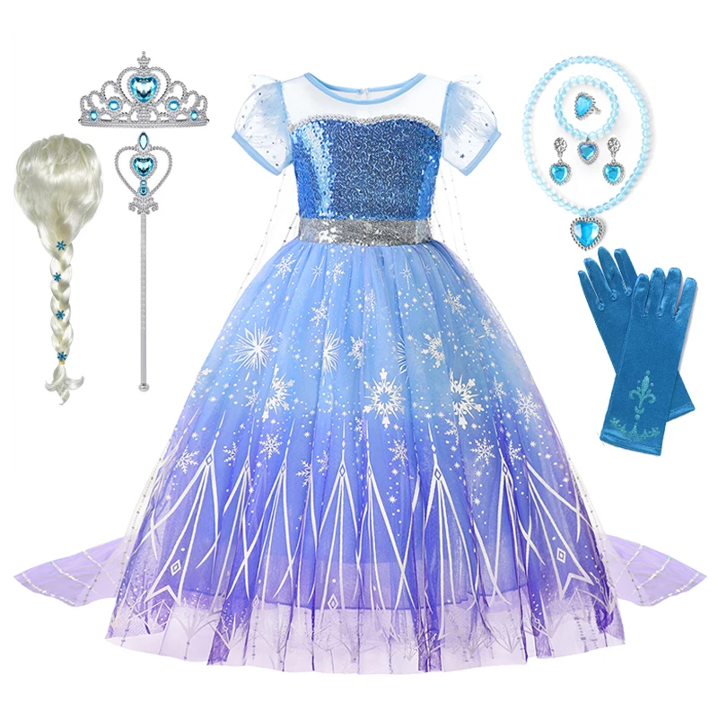 Girls Elsa Cosplay Princess Costume Frozen Role Play Dress Up Fancy Frocks Party Gown Sequin Mesh Vestidos Girls Birthday Dress