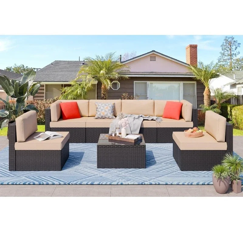 

7 PieceS Outdoor Patio Furniture Sets, Outdoor Sectional Rattan Sofa, PE Manual Weaving Wicker Patio Conversation Set