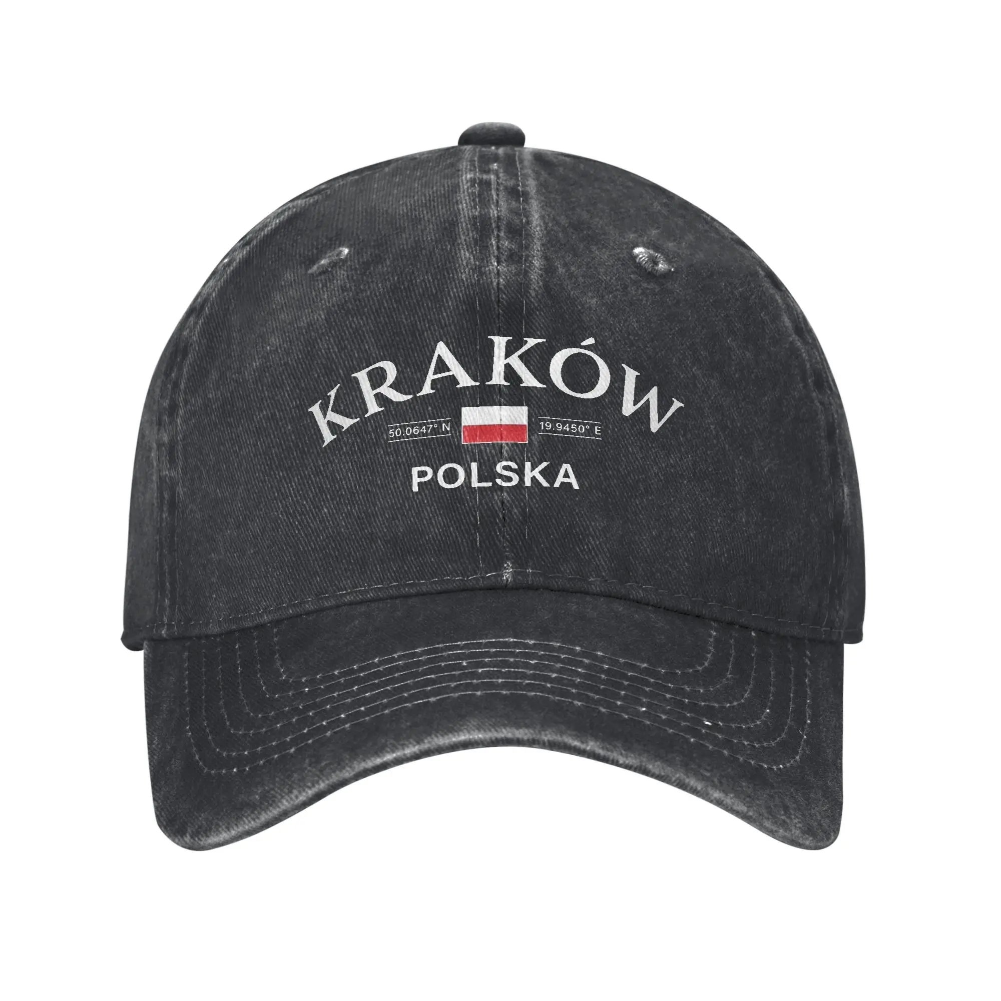 

Krakow Polska Poland Polish Coordinates Unisex Style Baseball Cap Distressed Washed Hats Cap Vintage Adjustable Fit Headwear