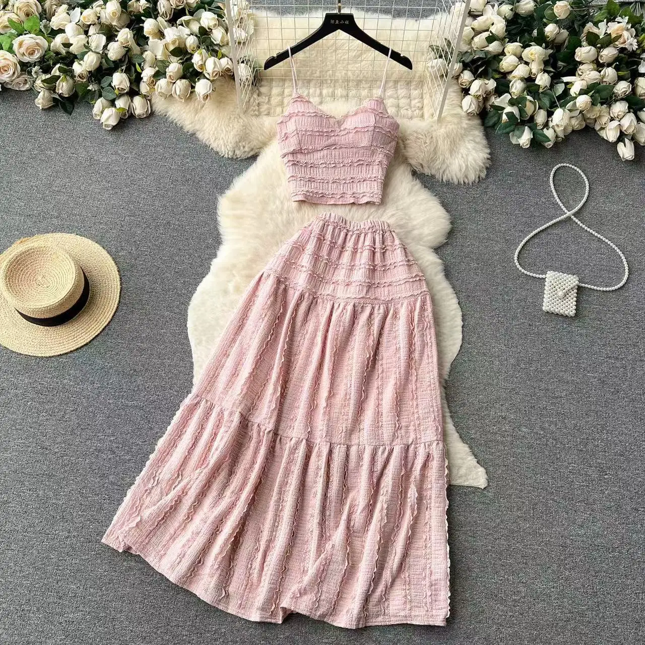Simple Camisole Backless and Shoulder Less Fresh Top+A-line Skirt Princess Skirt Long Skirt Elegant Women's Two-piece Set