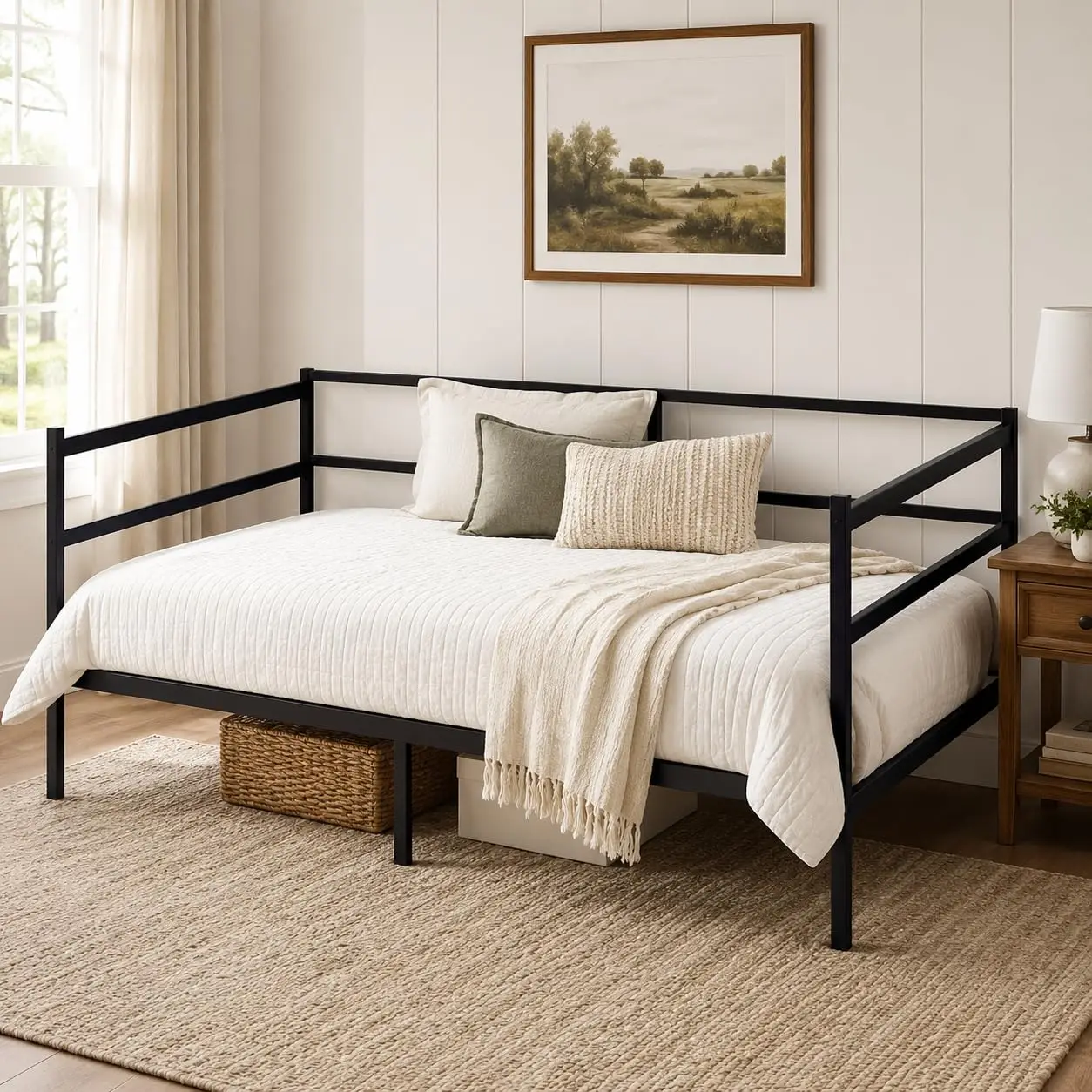 Twin Metal Daybed Frame, 660 lb Capacity, Steel Slat Support, 3-Sided Guardrails, 11-Inch Underbed Storage, No Box