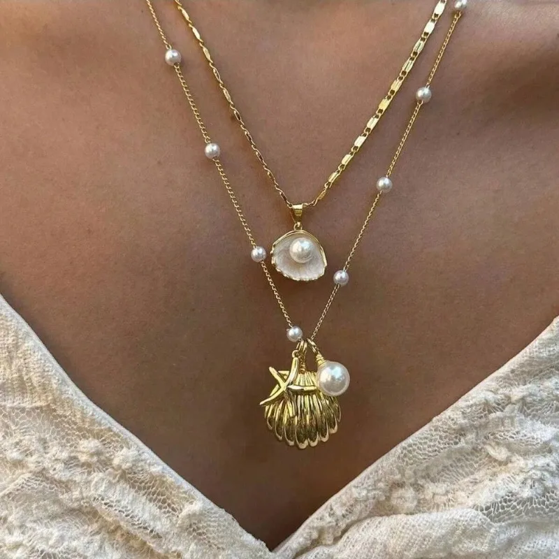 1pcs Set Fashion Boho Gold Color Marine Shell Starfish Pendant Pearl Chain Multi-layer Fold Wear Necklace for Women Jewelry Sets