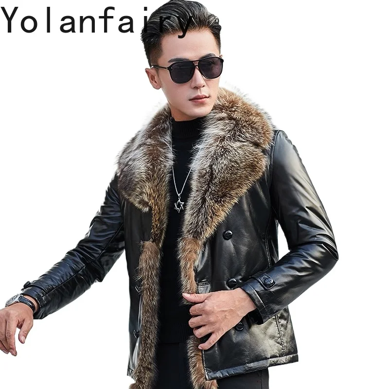 YOLANFAIRY Genuine Leather Sheepskin Men's Clothing Winter Short Down Jacket Raccoon Fur Collar Coats Fashion Chamarras De Piel