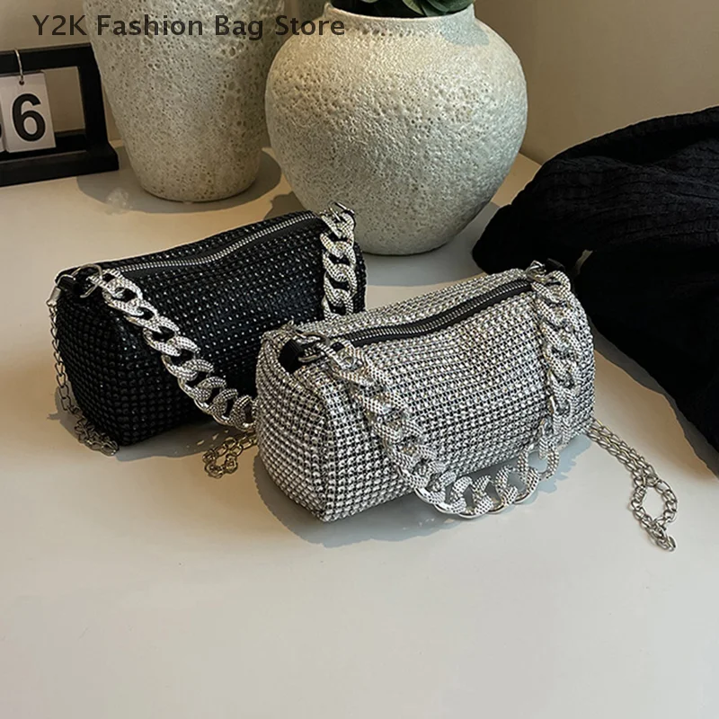 Shiny Evening Banquet Bag Crossbody Bag Cuba Chain Handle Glitter Shoulder Bag Temperament Underarm Bag Rhinestone Hand Bag