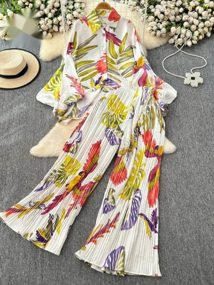 Europe America Style Oversize Print Suits Women Loose Shirt+High Waist Pleated Long Pants Two Pieces Sets