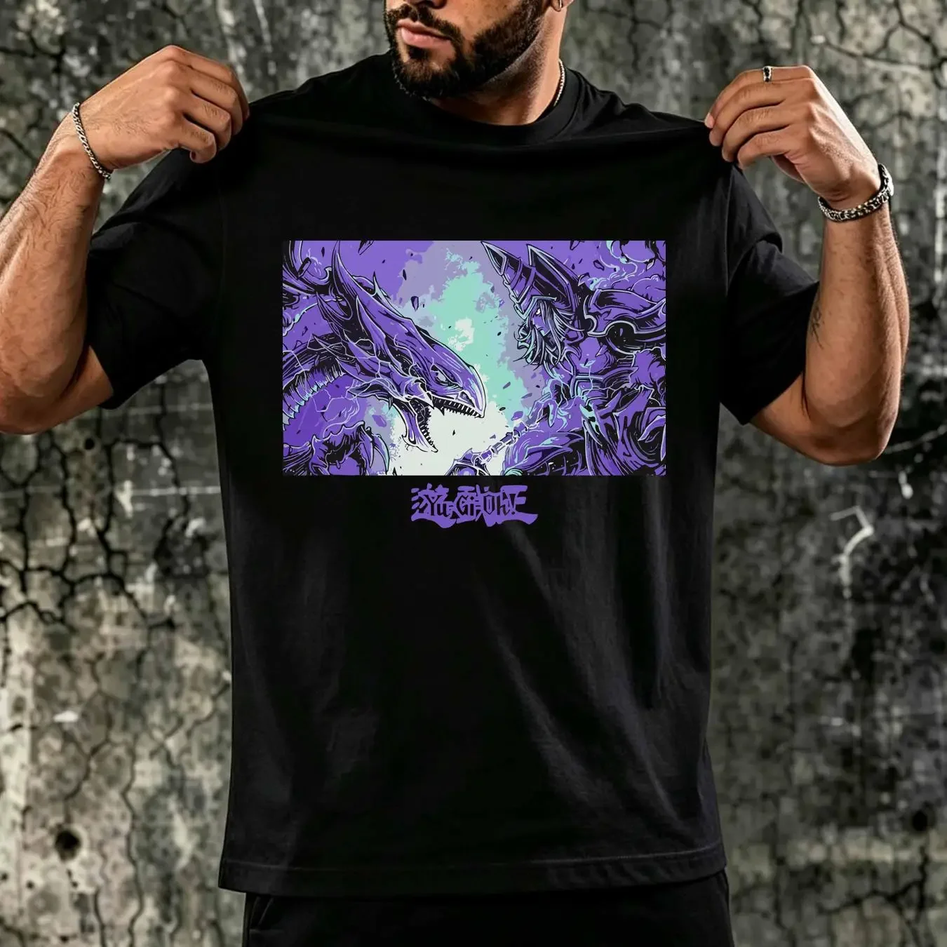 washed T Shirt Yu Gi Oh New Adult Purple Dragon Wizard Battle Scene long or short sleeves vintage Washed Unisex Soft graphic