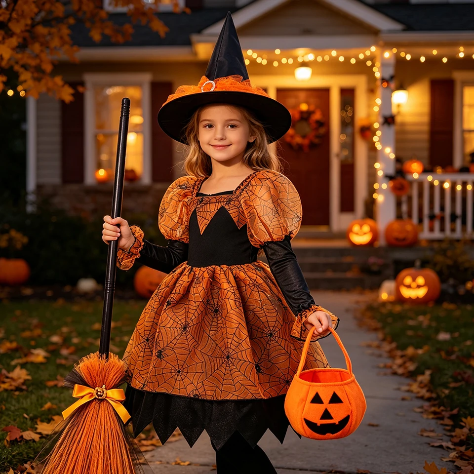 Spider Web Print Puff Sleeve Tulle Tutu Dress for Girls Halloween Cosplay Witch Costume Carnival Party Performance Kids Clothes