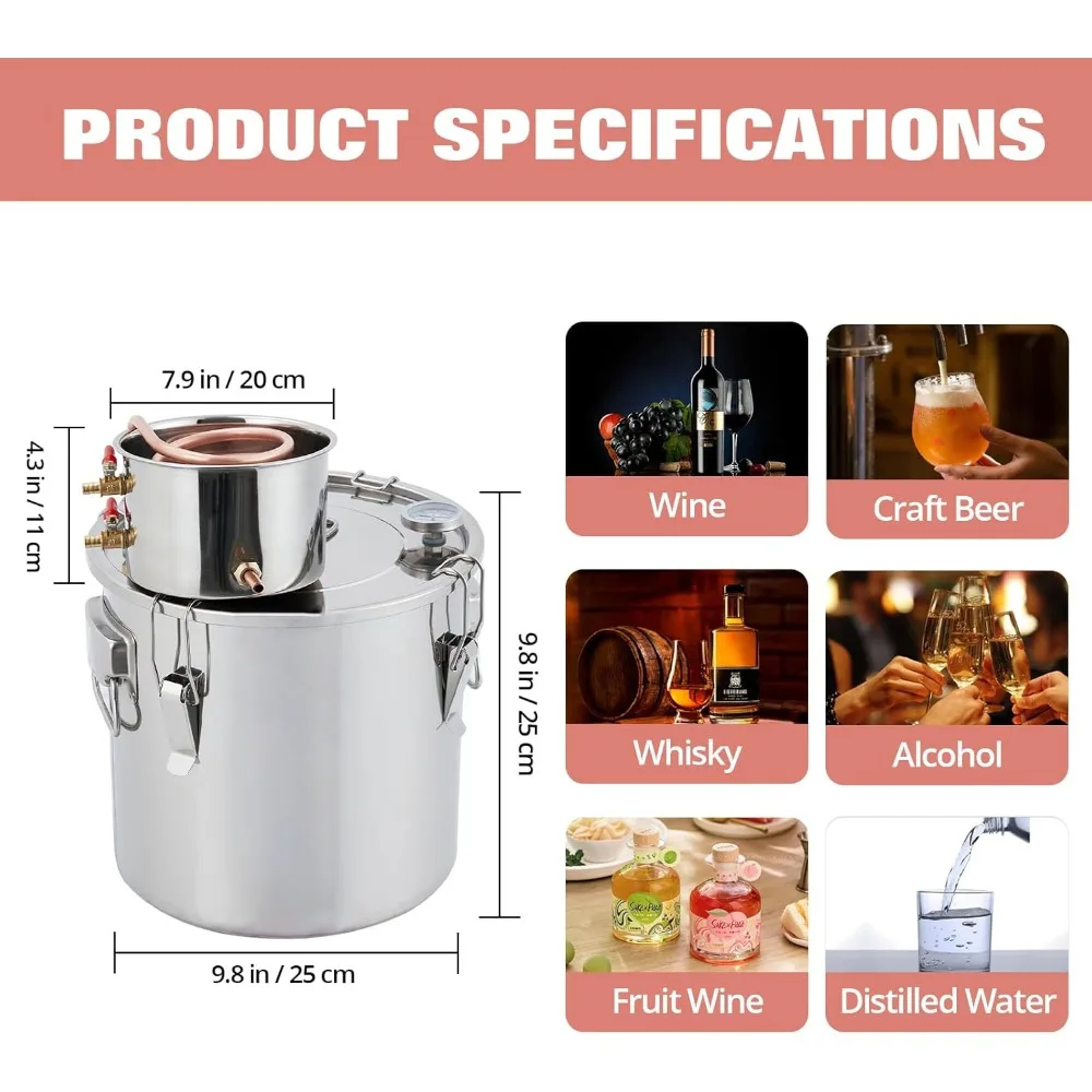 3 Gal 12L Stainless Steel Alcohol Distiller Copper Tube Spirit Boiler With Build-In Thermometer for Home