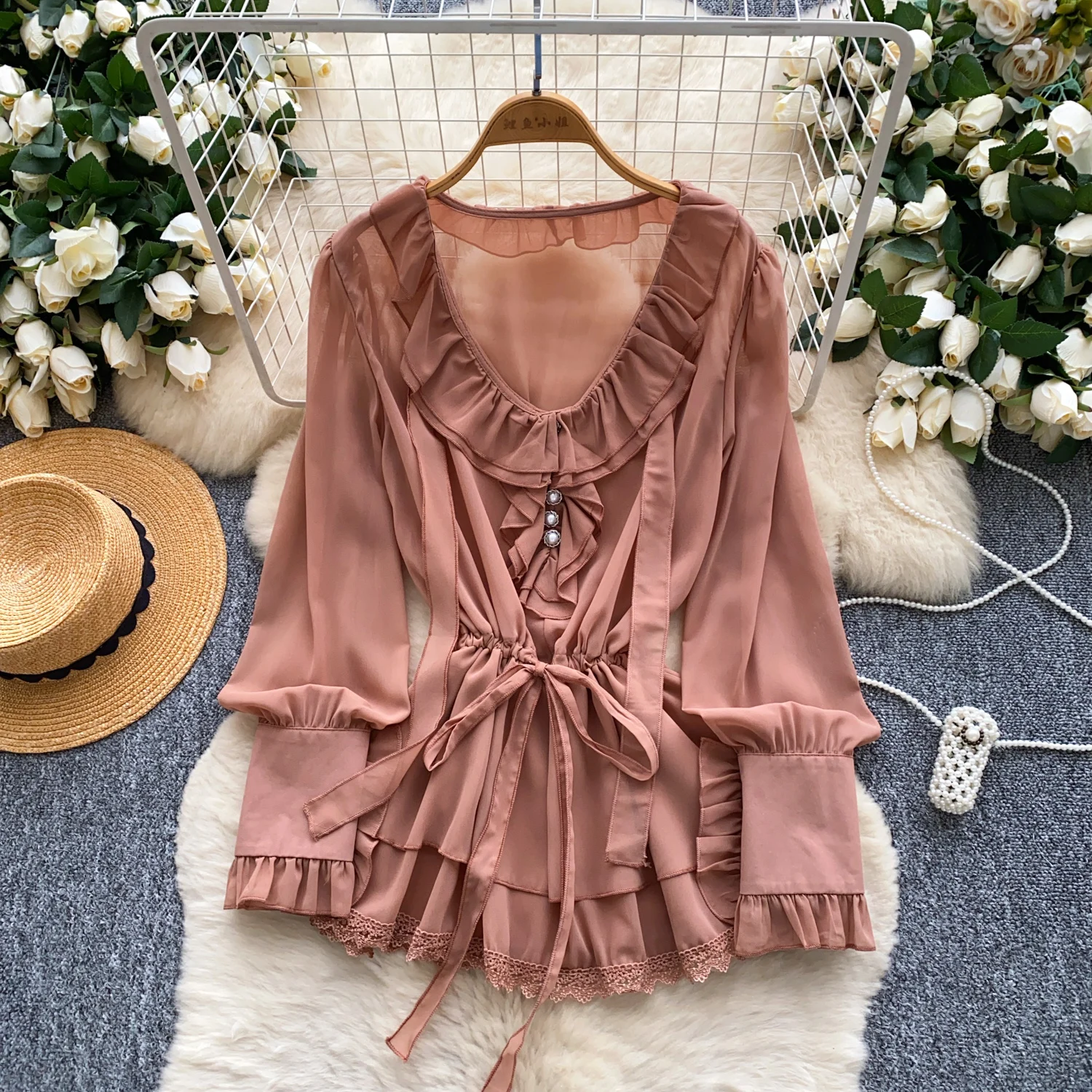 

Vintage Elegant chiffon V-neck long sleeve Blouse Fashion Shirt Chic Top Fairy autumn women clothing