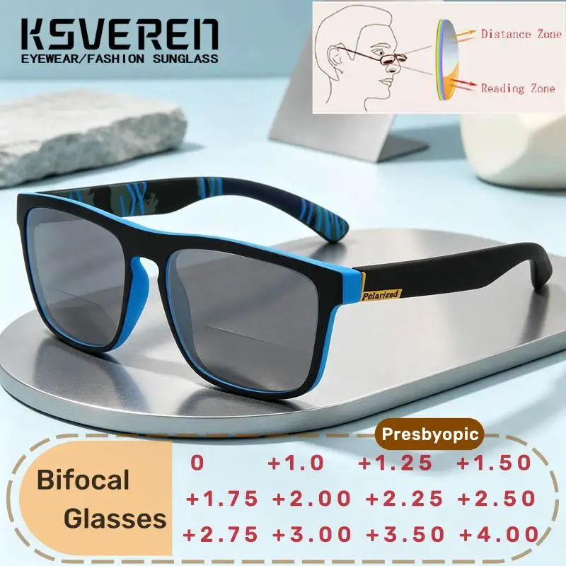 Fashionable Sports Men Bifocal Sunshade Reading Glasses Black Square Customized Near Far Use Prescription Lens +1.00 +1.50 +2.50