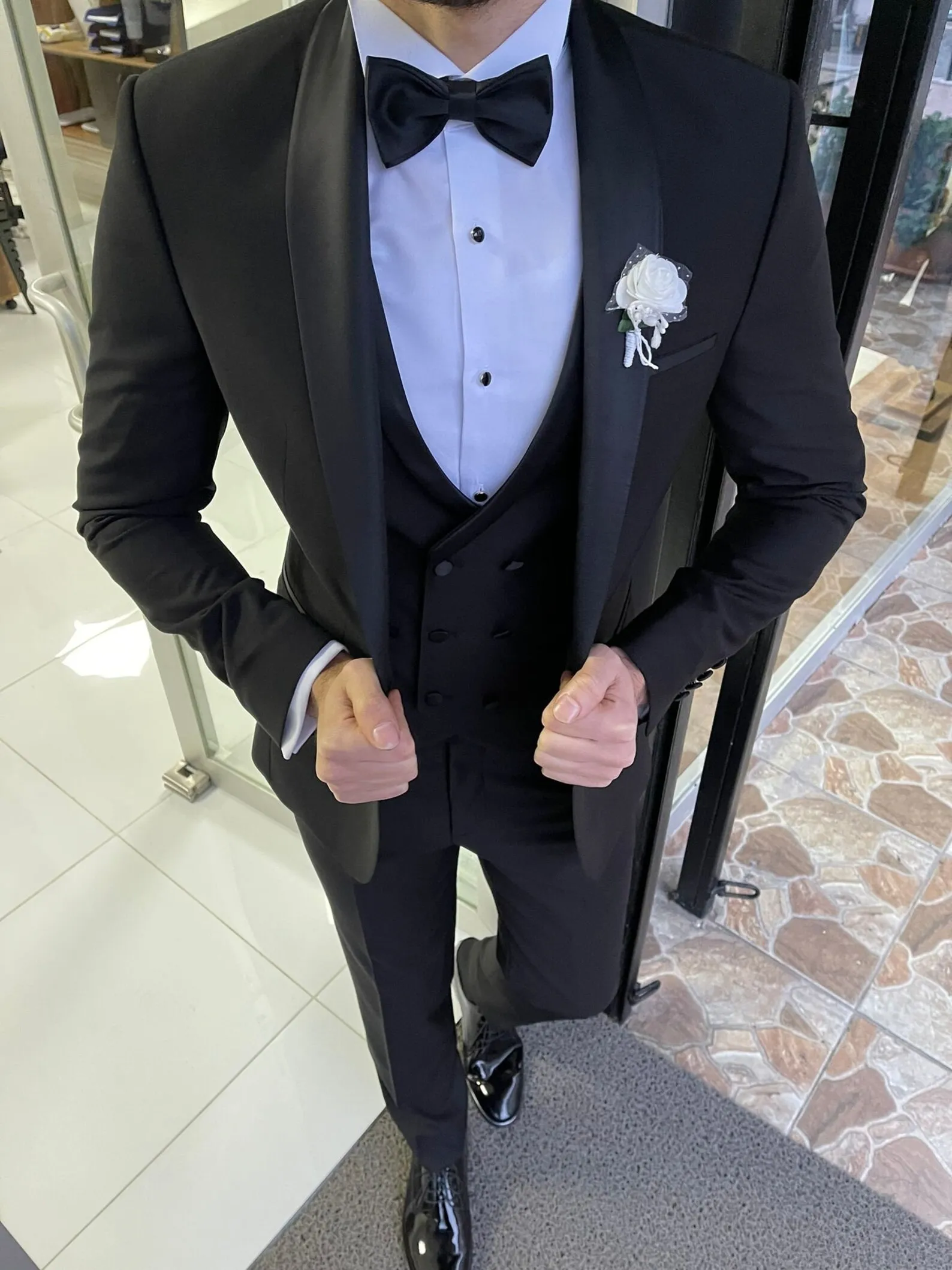 

Vintage Eleagant Black Men's Suits For Wedding Prom Party Formal Wear Bespoke Tuxedo 3-Piece Jacket+Pants+Vest Terno Masculino