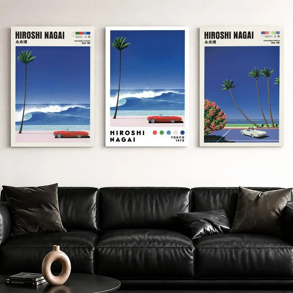 H-Hiroshi Nagai Beach Convertible Drive Framed Wall Painting Framed Canvas Wall Art Poster Solid Wood Frame Home Decor