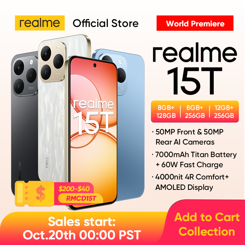  [World Premiere] realme 15T 5G Smartphone 50MP Front & Rear AI Cameras 7000mAh Battery 4000nit 4R Comfort+ AMOLED Display IP69 