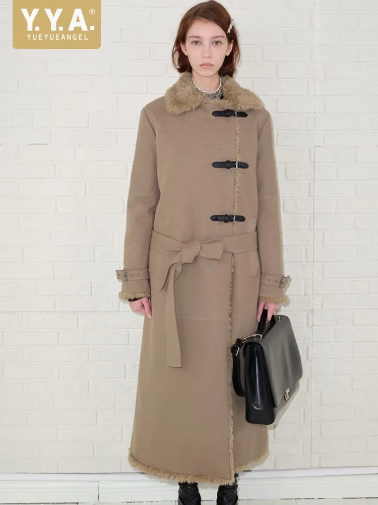 Women Single Breasted Fleece Office Slim Winter Designer Lady Sashes Trench Coat Keep Warm Long Style Over The Knee Outerwear