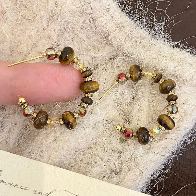 Fashion Brand Women's Vintage Beads Hoop Earrings Zirconia C-Shaped Jewelry New Sight Design